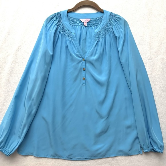Lilly Pulitzer Tops - Lilly Pulitzer Medium M Elsa Silk Zanzibar Blue Long Sleeve Blouse Top
